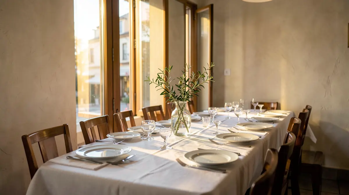 Illustration: a long table laid in low golden sun beside open windows.
