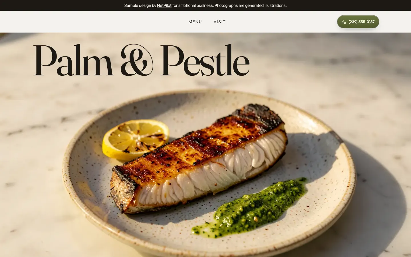 The Palm & Pestle sample website: the name set large over a plated grouper on marble.