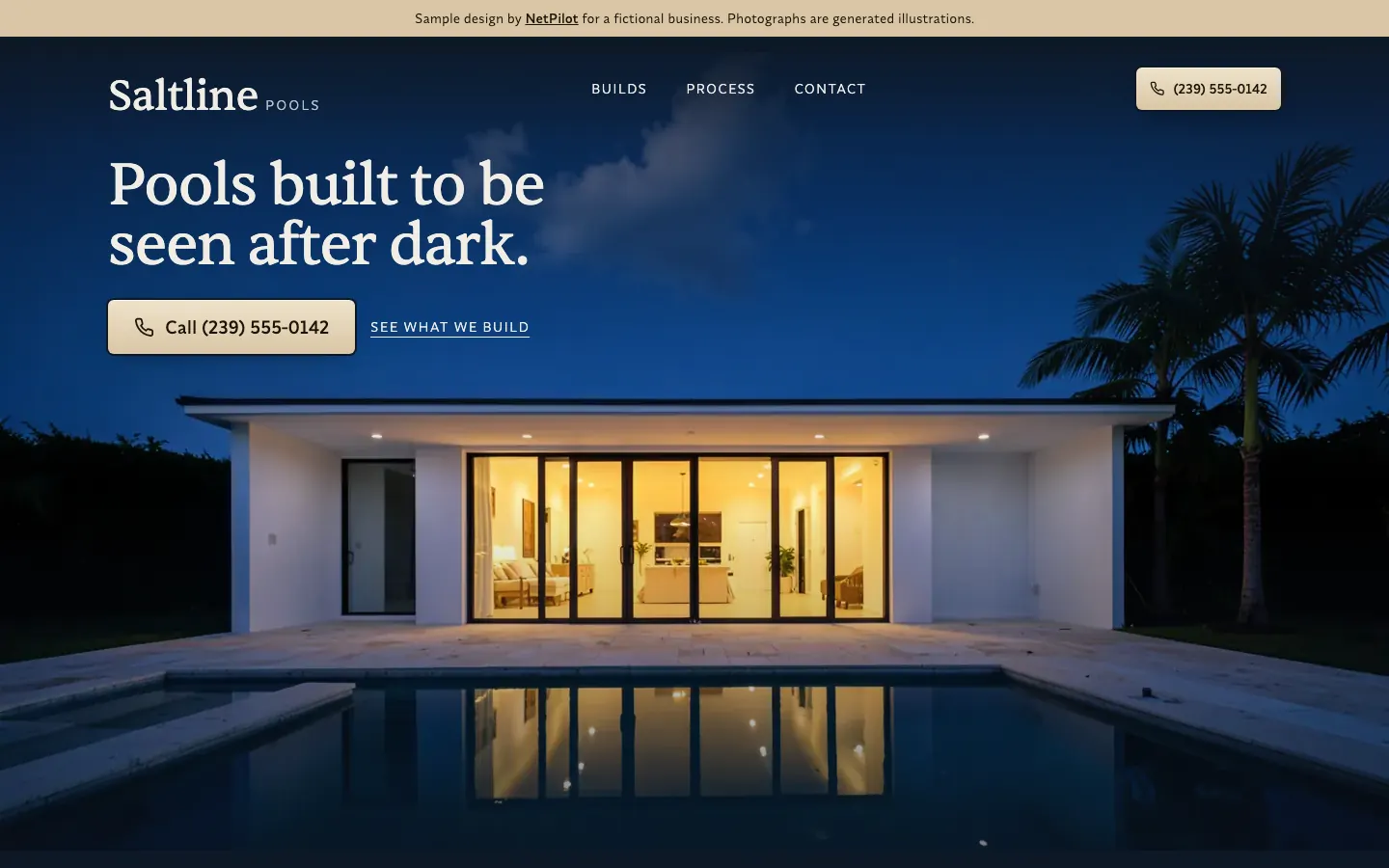 The Saltline Pools sample website: its headline, 'Pools built to be seen after dark', over the same pool at dusk.