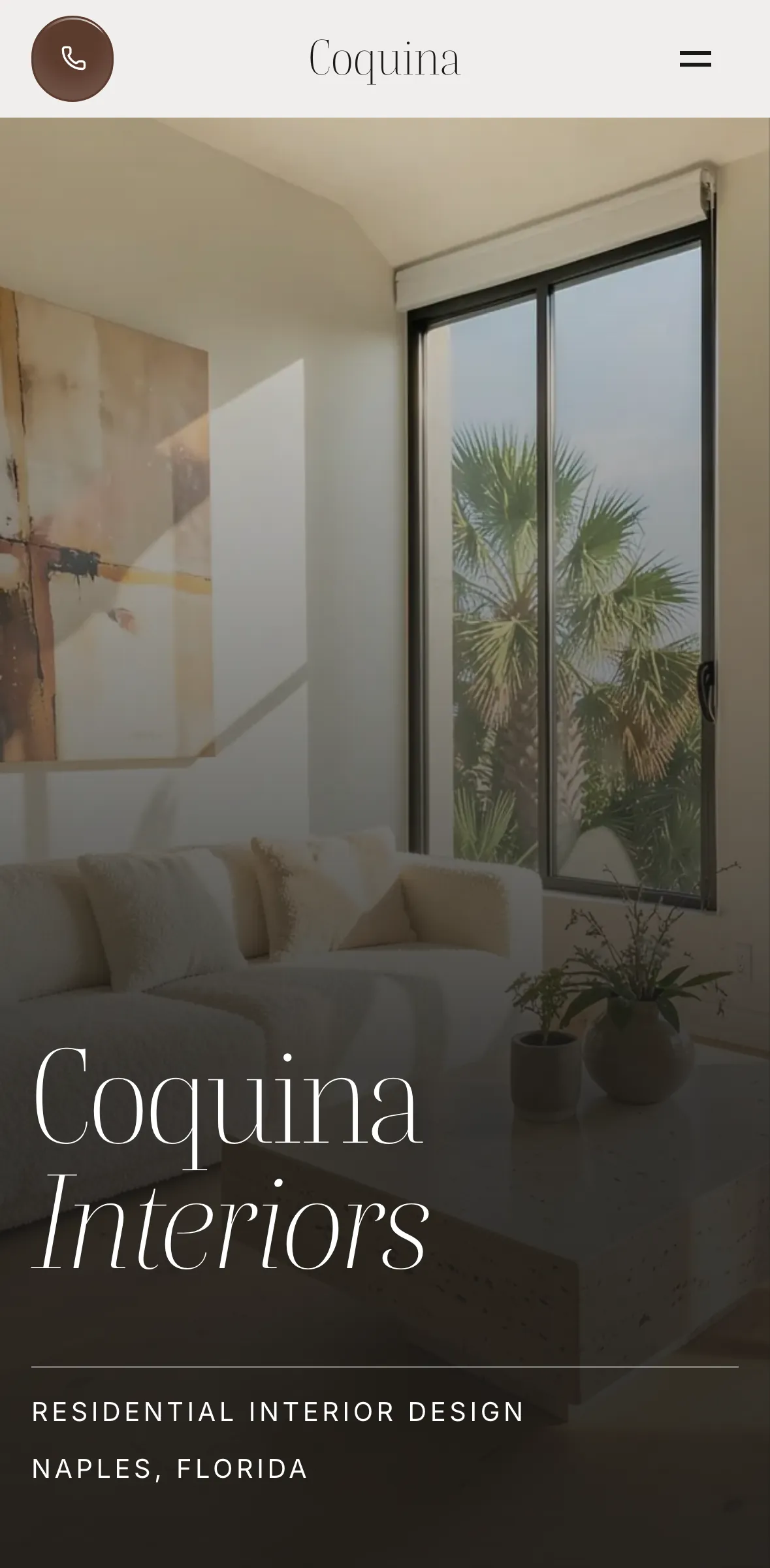 The Coquina Interiors sample site on a phone.