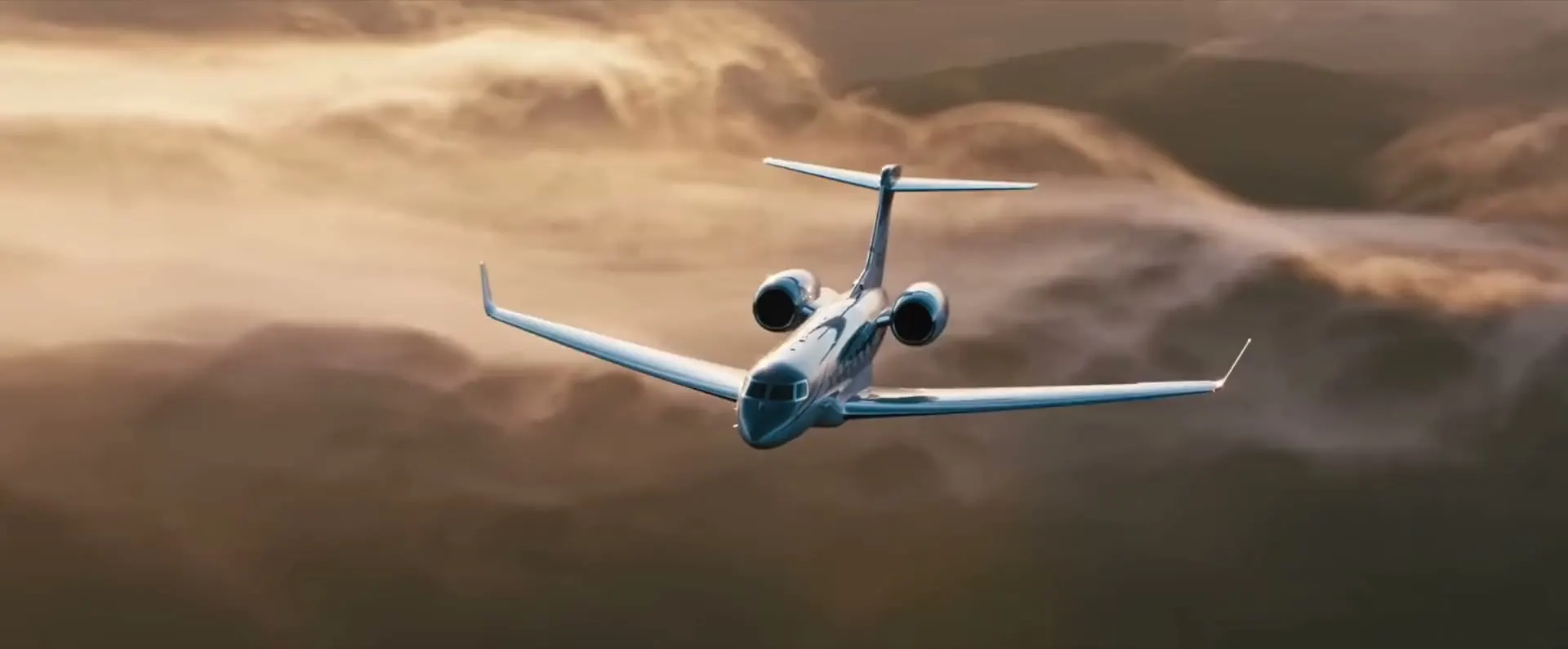 A private jet in flight at sunset, from the JetCrest sample site's film.