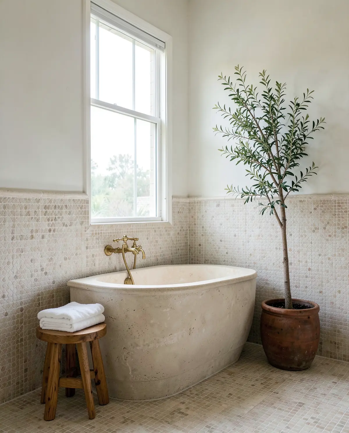 A spa bathroom with a freestanding stone tub by a tall window (illustrative, generated).
