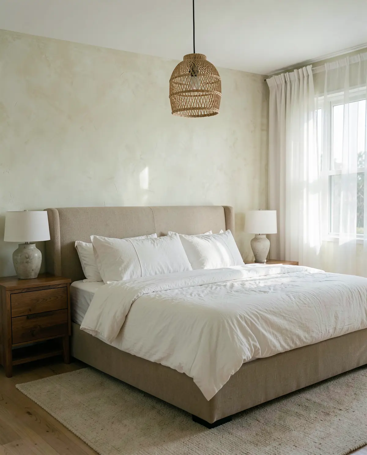 A calm bedroom with a linen bed and a rattan pendant (illustrative, generated).