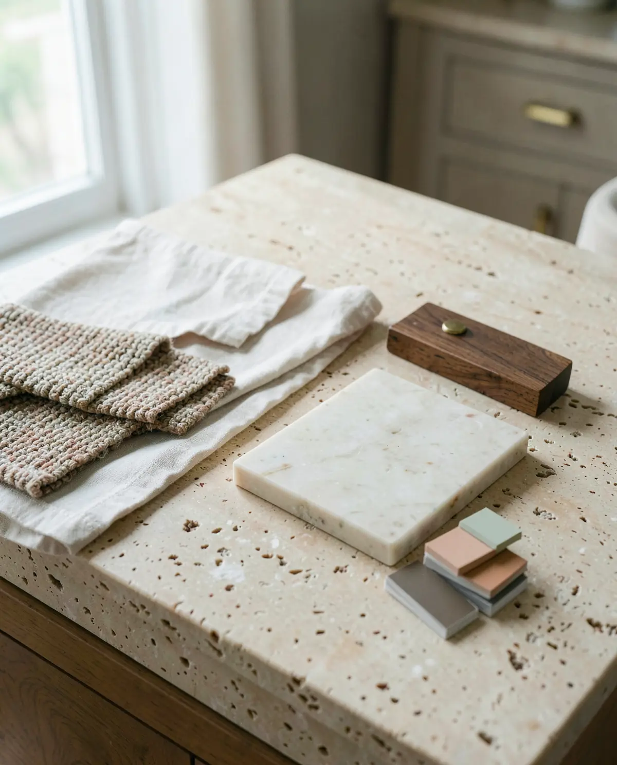 Fabric, stone and wood samples on a designer's table (illustrative, generated).