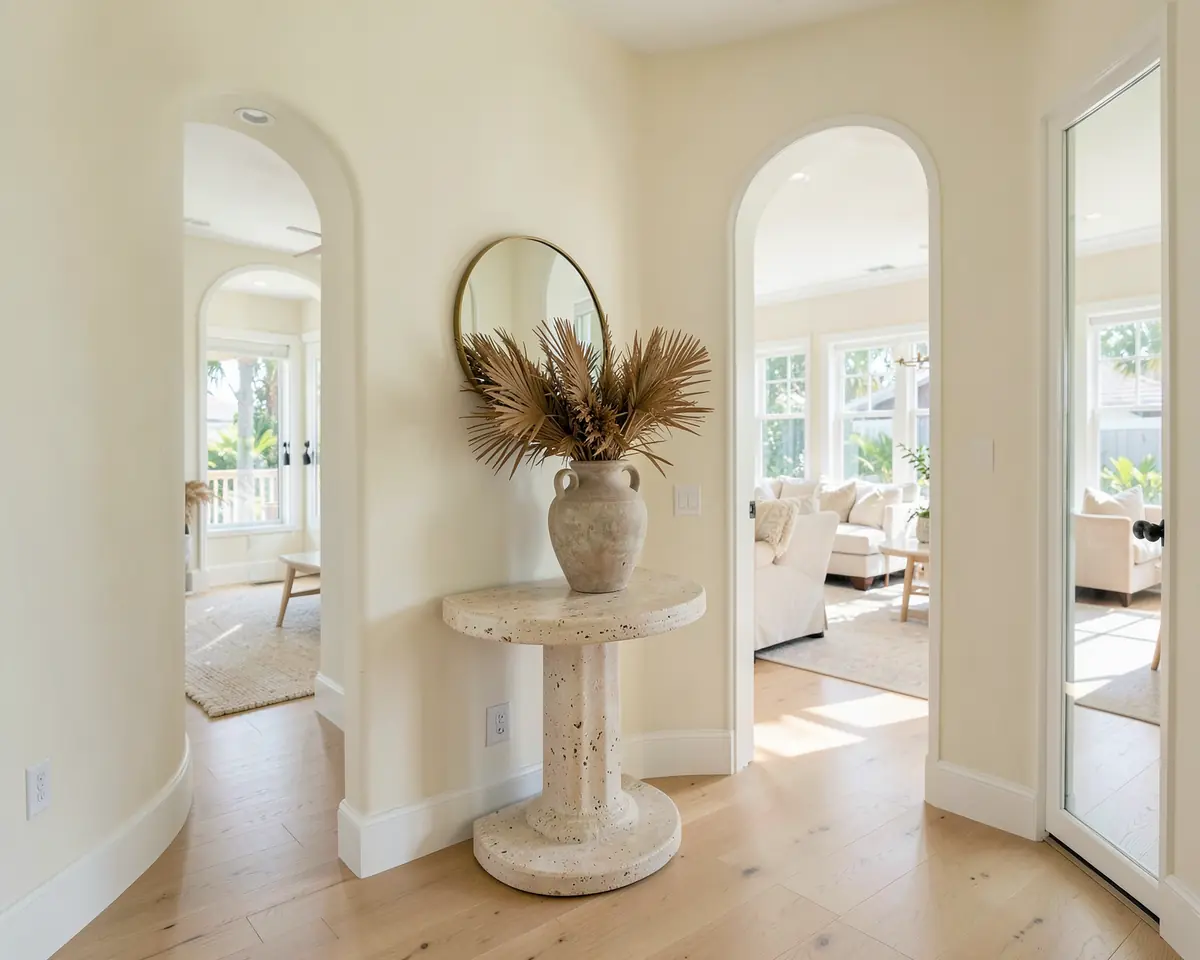 A bright entry hall with a travertine console and a brass mirror (illustrative, generated).