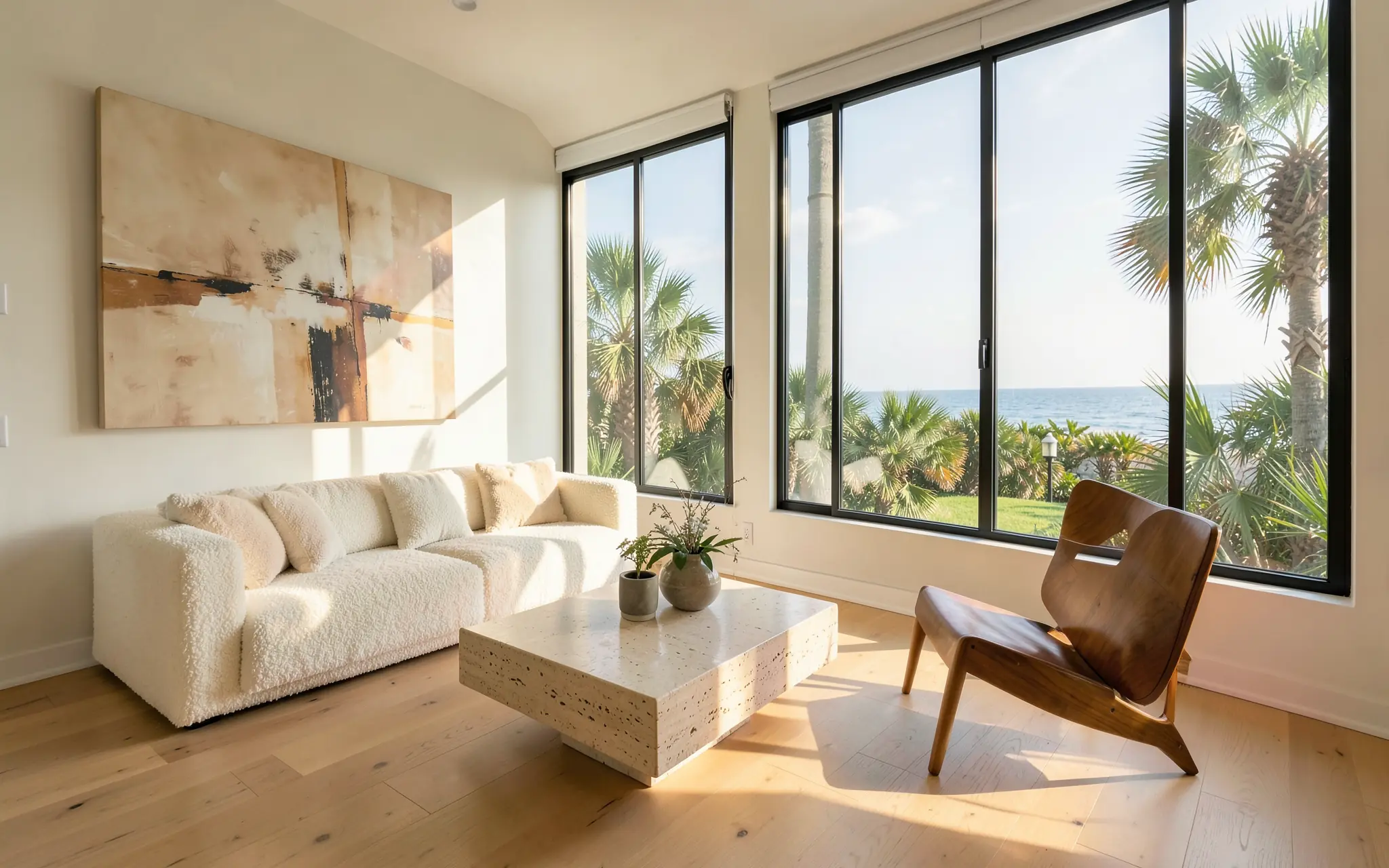 A light Naples living room with an ivory sofa and a travertine table by the windows (illustrative, generated).