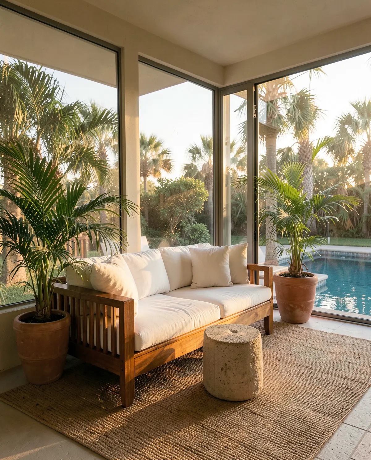 A furnished lanai with a teak sofa at golden hour (illustrative, generated).
