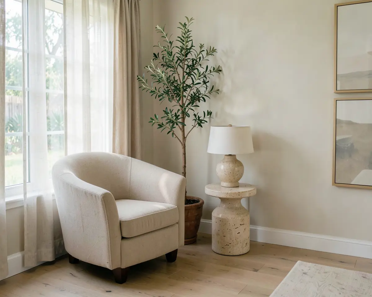 A linen armchair by a tall window beside a travertine side table and an olive tree (illustrative, generated).