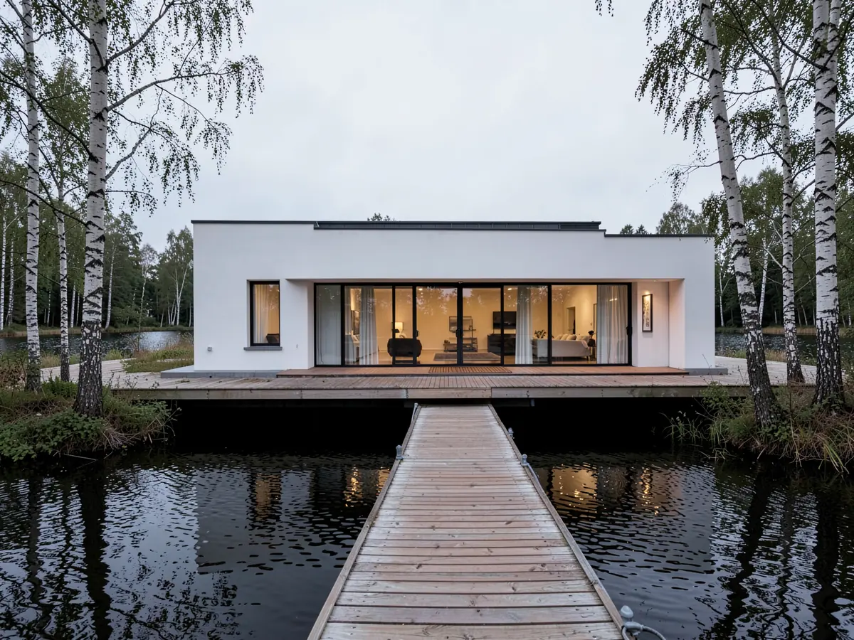 A white modern lake house with a deck and jetty over still water (illustrative, generated).