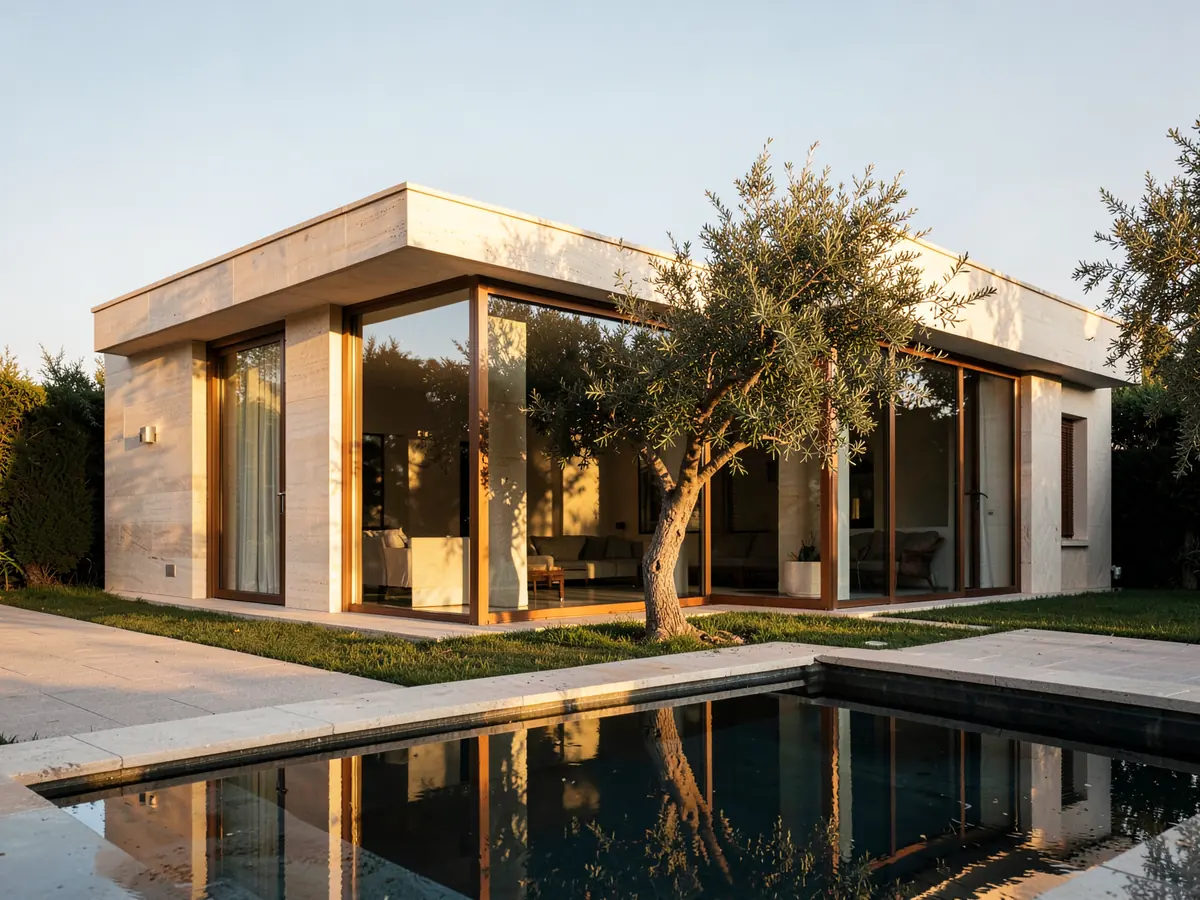 A limestone pavilion house with a reflecting pool and courtyard olive tree (illustrative, generated).
