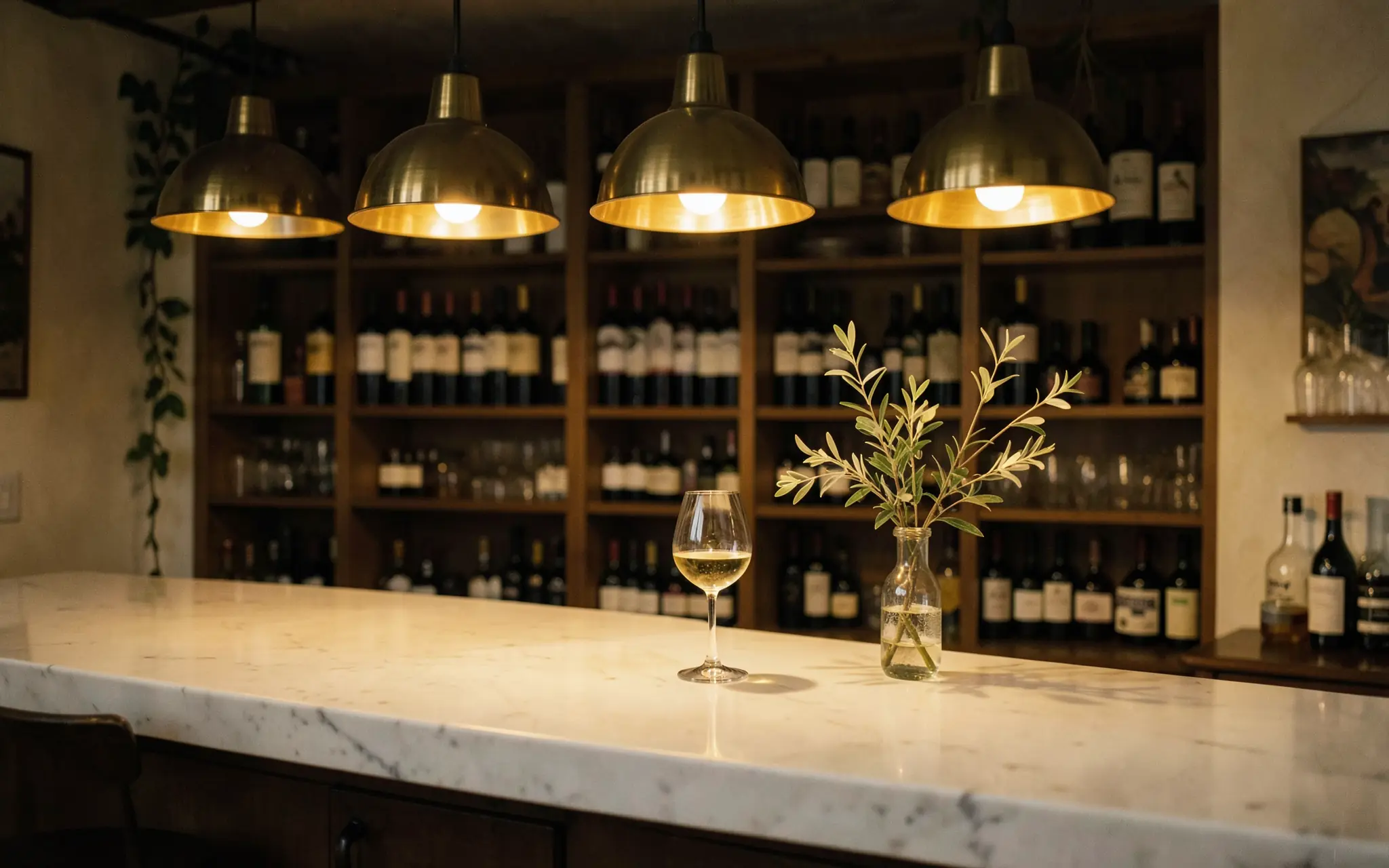 A marble restaurant bar at night under brass pendants (illustrative, generated).