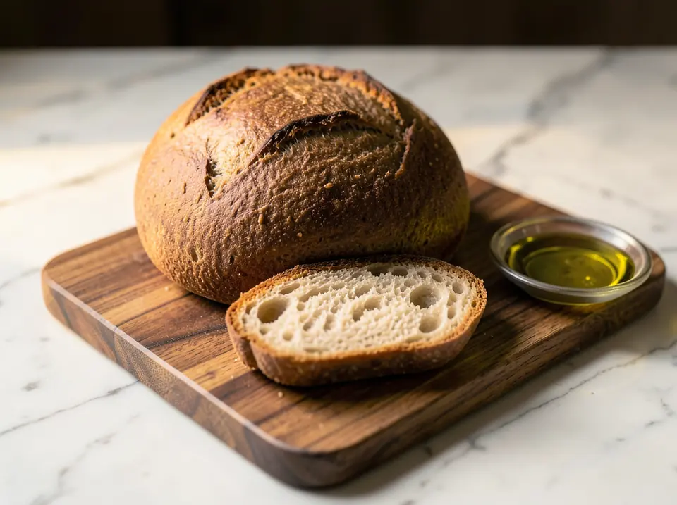 Illustration: a sourdough loaf with one clean-cut slice in front of it, on a walnut board beside a dish of olive oil.