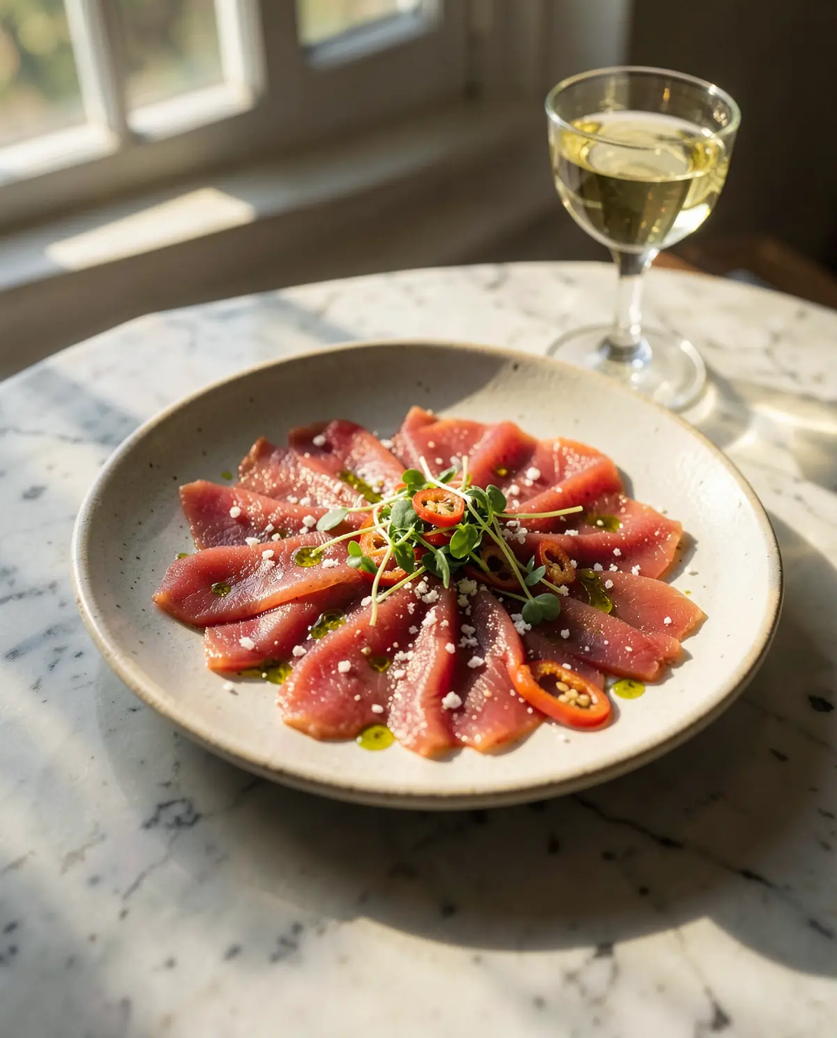 Snapper crudo with olive oil and chilli on stoneware (illustrative, generated).