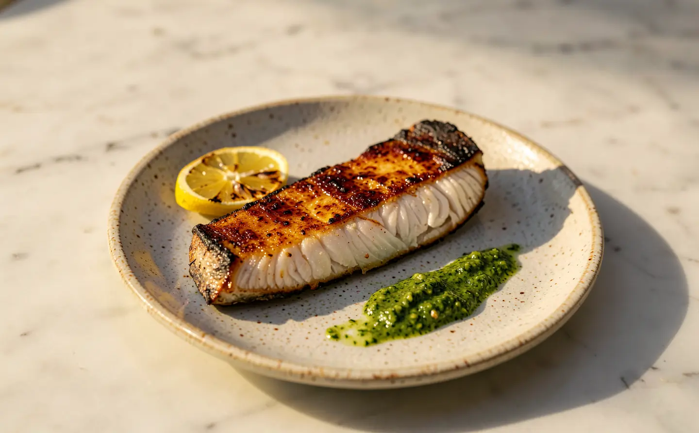 Illustration: a seared grouper fillet with charred lemon and green herb sauce on a stoneware plate, on marble in low sun.