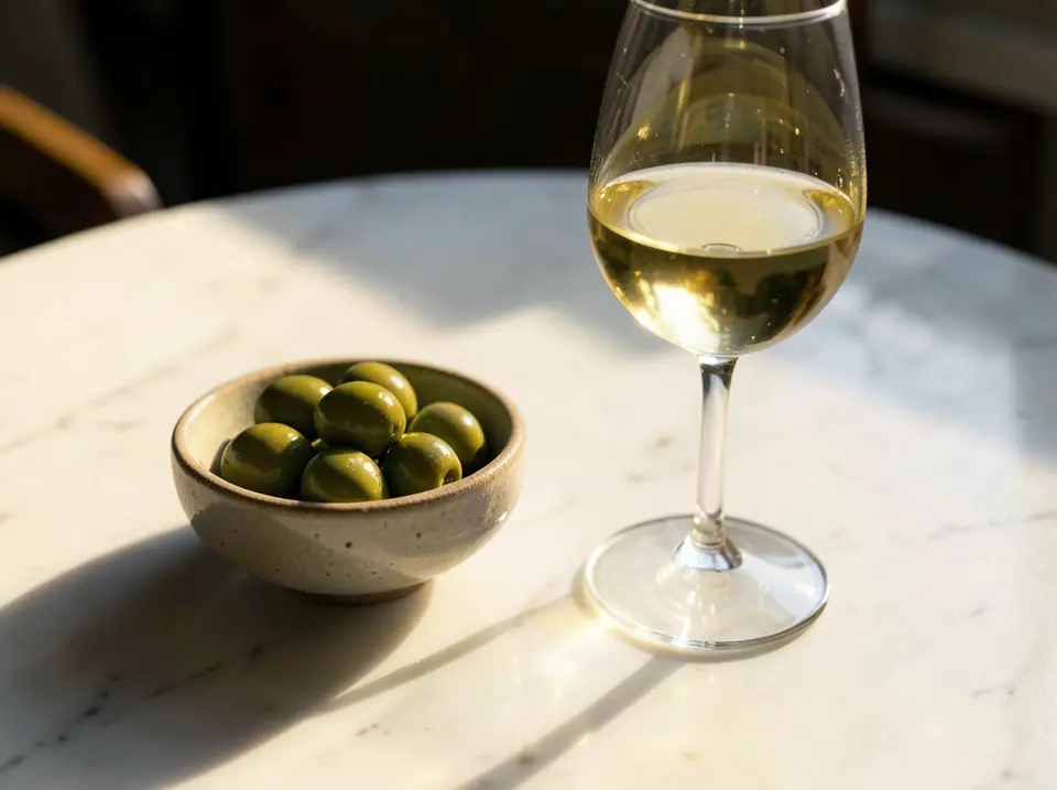 Illustration: a bowl of green olives and a glass of white wine on marble in low golden sun.