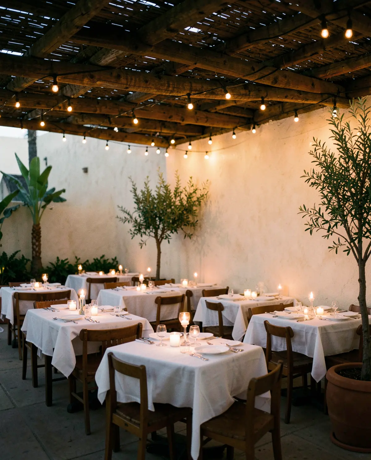 A restaurant terrace set for dinner under string lights (illustrative, generated).