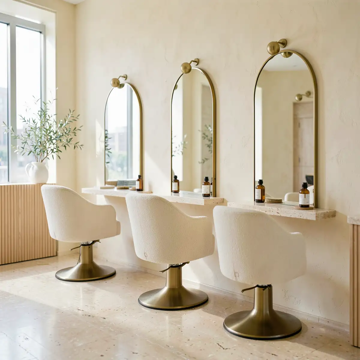 Three cream styling chairs on brass bases facing arched brass mirrors on a bright travertine salon floor (illustrative, generated).