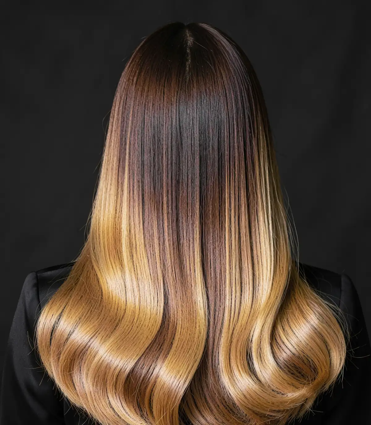 Long glossy balayage from behind in soft waves, espresso roots melting into honey and caramel blonde (illustrative, generated).