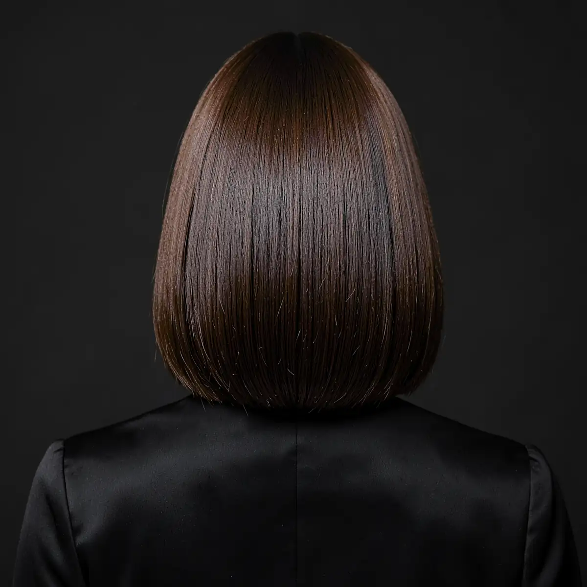 A sleek glossy espresso blunt bob from behind (illustrative, generated).