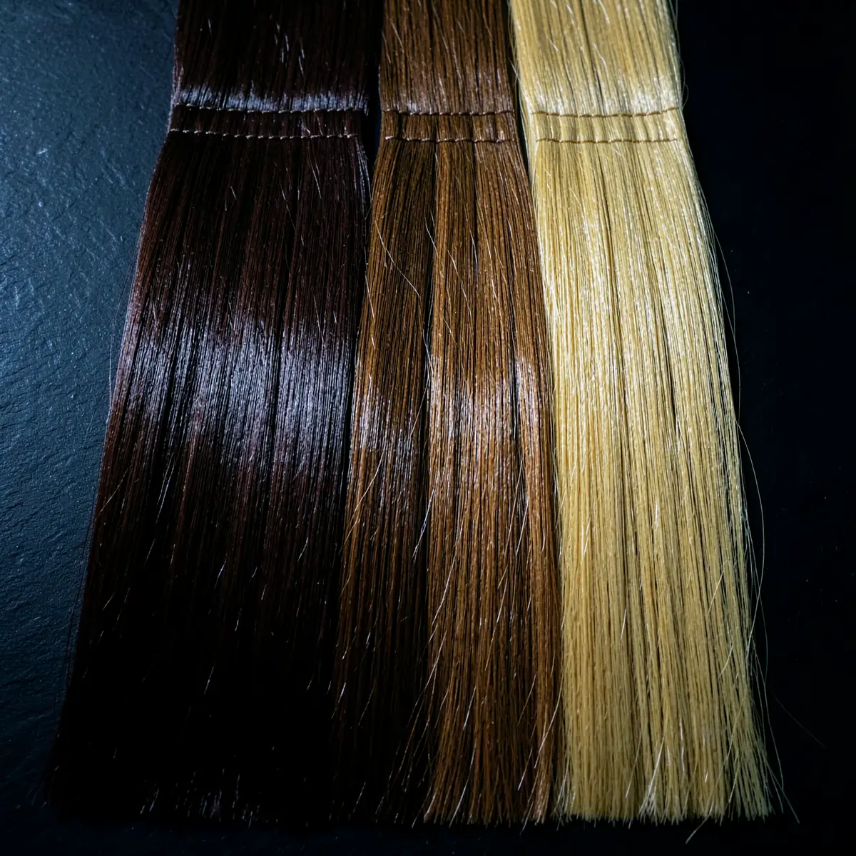 Hair extension wefts in graduated shades from espresso to honey blonde on black slate (illustrative, generated).