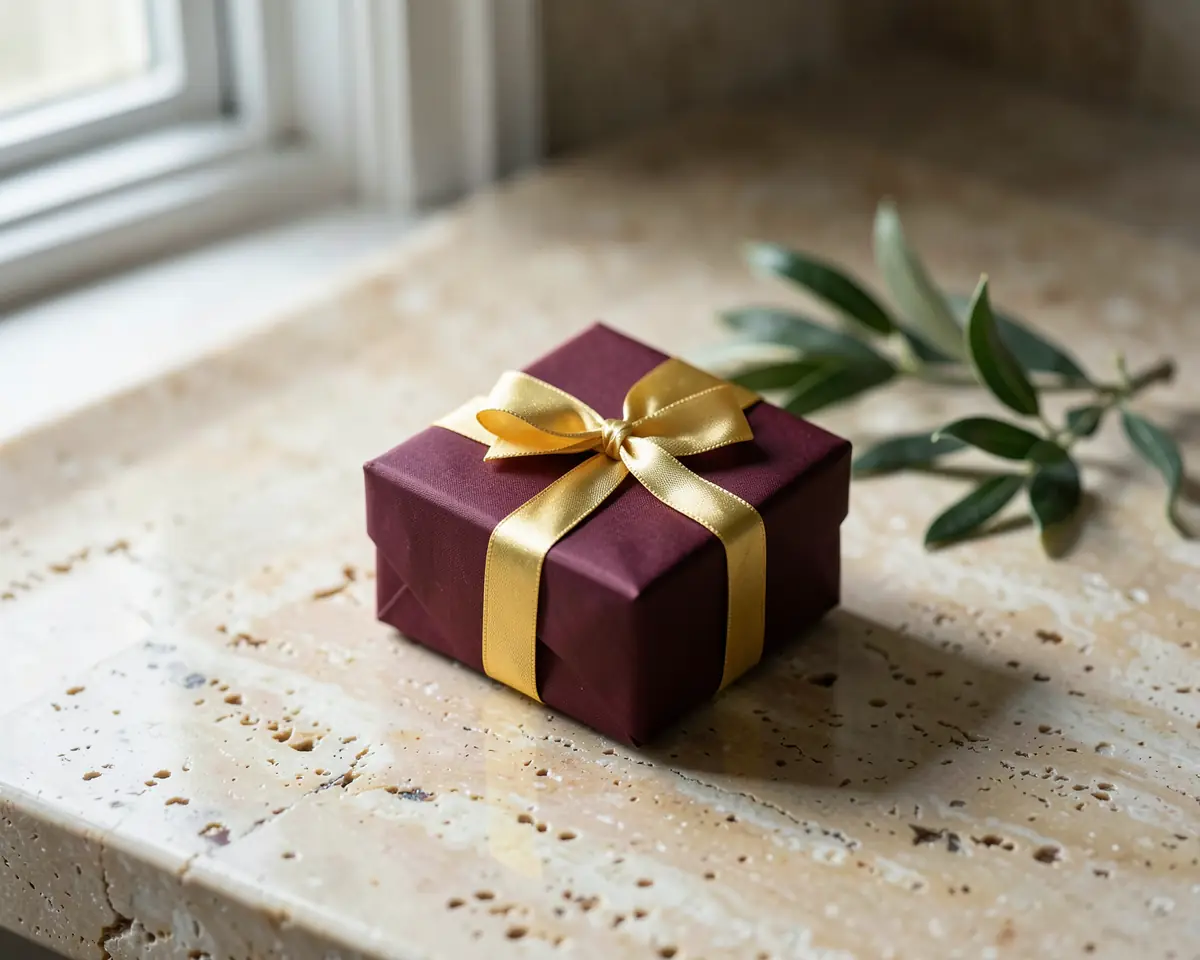 A burgundy gift box tied with a gold ribbon on a travertine counter (illustrative, generated).