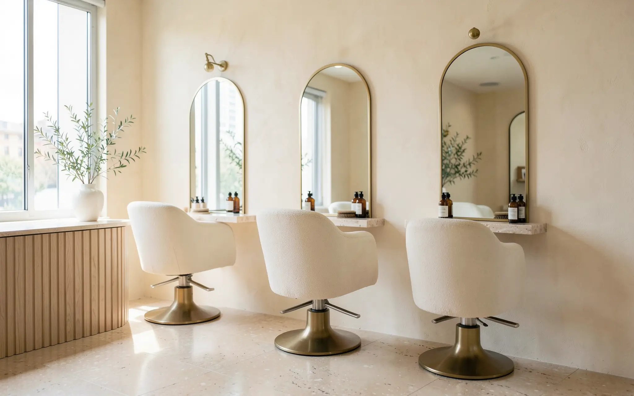 A bright luxury salon floor: cream styling chairs on brass bases facing arched brass mirrors (illustrative, generated).