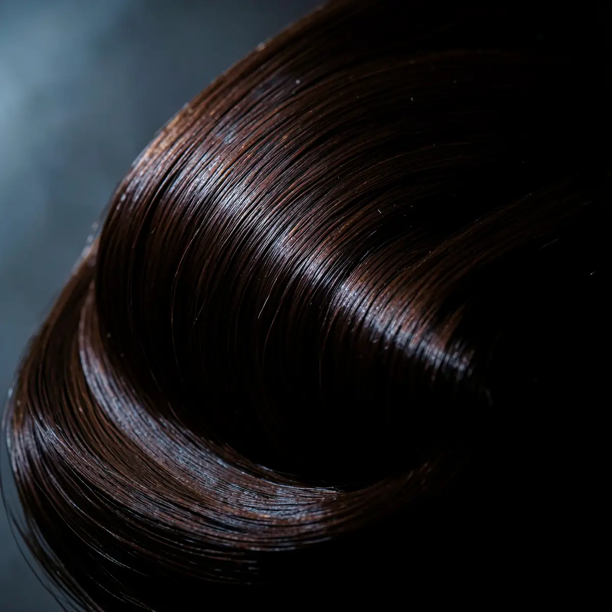 A glossy round-brush curl of espresso hair, polished and smooth (illustrative, generated).
