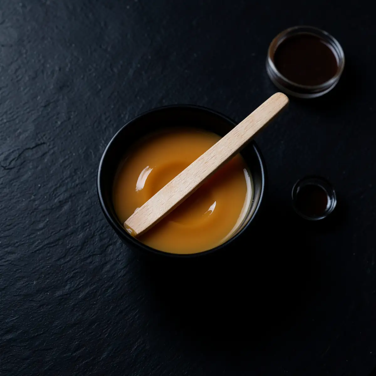 A bowl of honey wax with a wooden stick, an angled brow brush and a dish of brow tint on black slate (illustrative, generated).