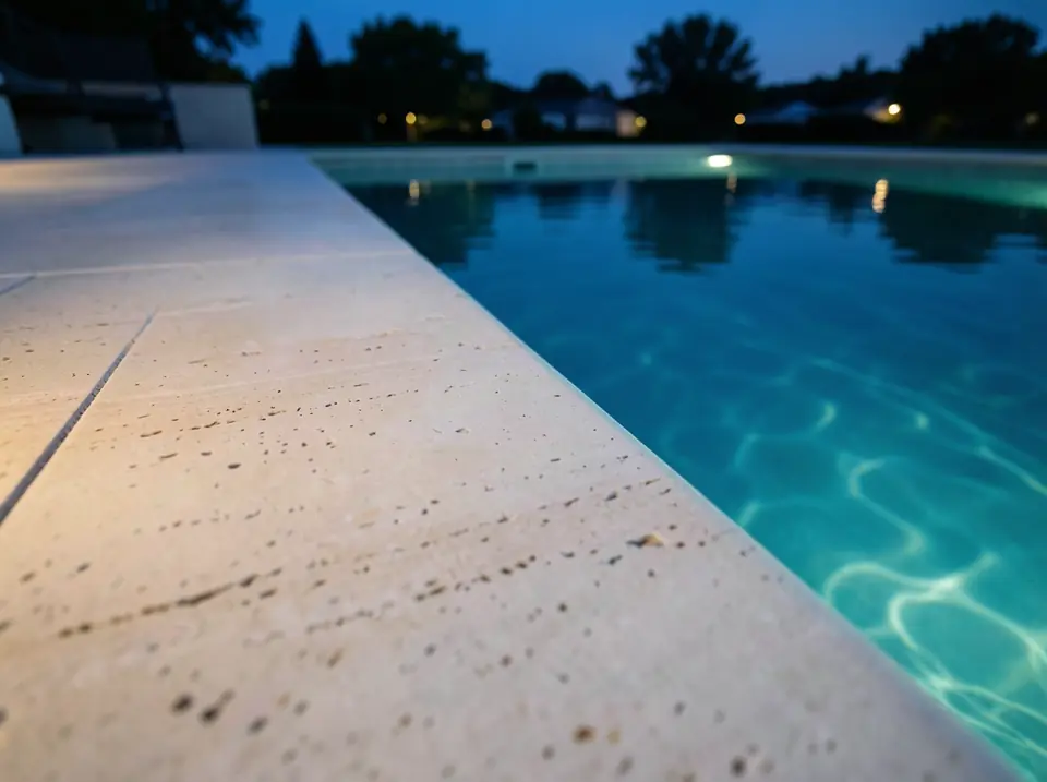 Illustration: a straight travertine pool edge at dusk, deck on one side and lit turquoise water on the other.