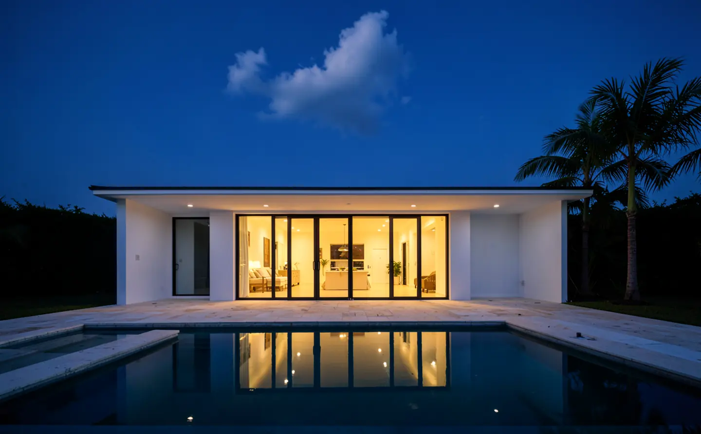 Illustration: a modern pool home at dusk, its lit glass doors reflected in a long pool, two palms against a blue sky.