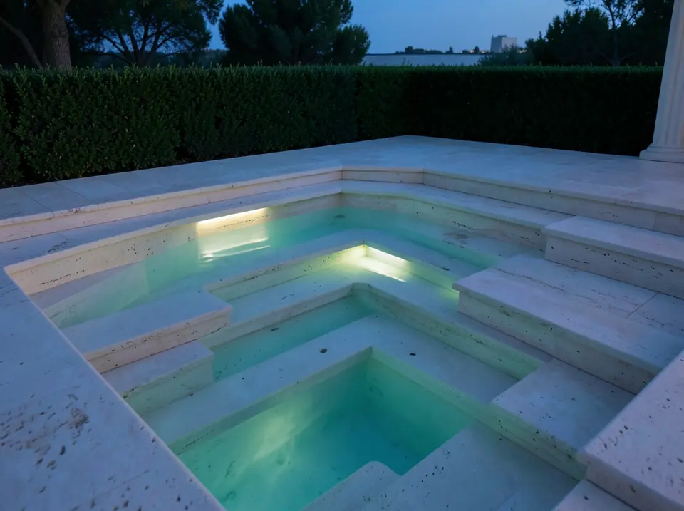 Illustration: wide limestone steps and a shallow sun shelf in lit turquoise pool water at dusk.