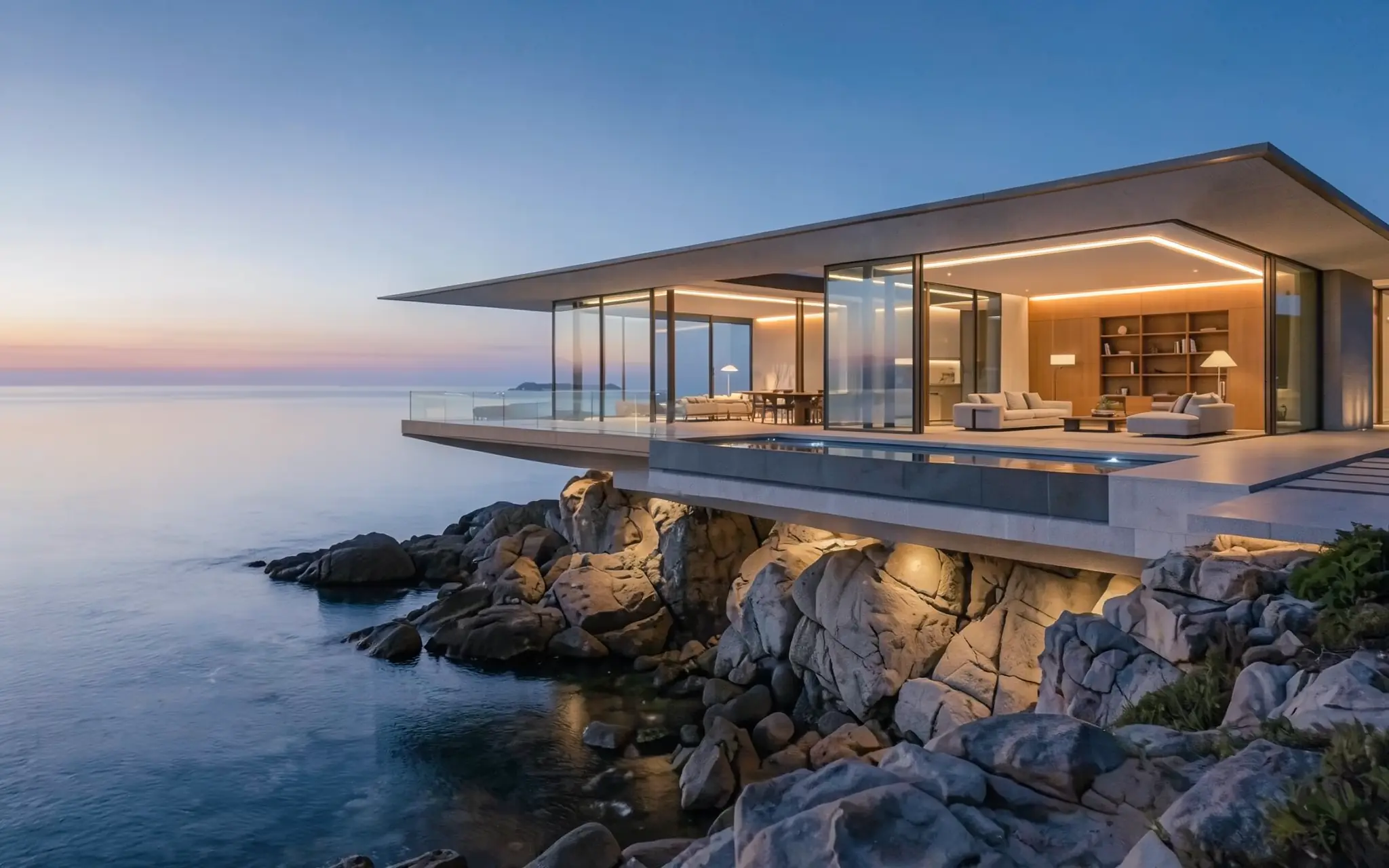 A cantilevered glass villa glowing warm above granite boulders and the sea at dusk (illustrative, generated).
