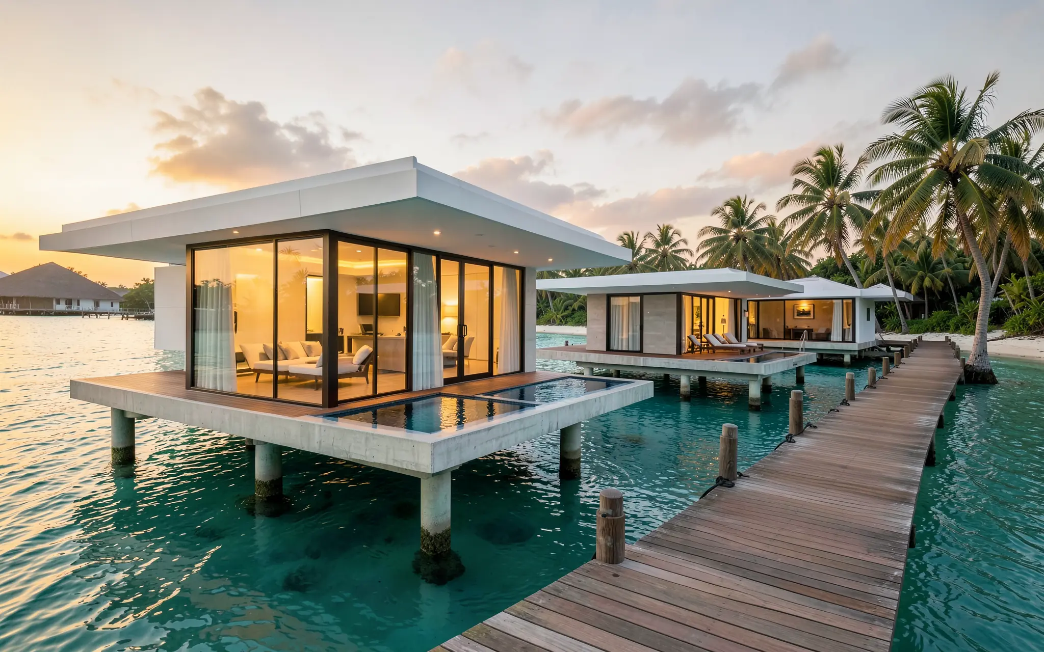 Modern glass overwater villas with private pools on a lagoon at sunset (illustrative, generated).
